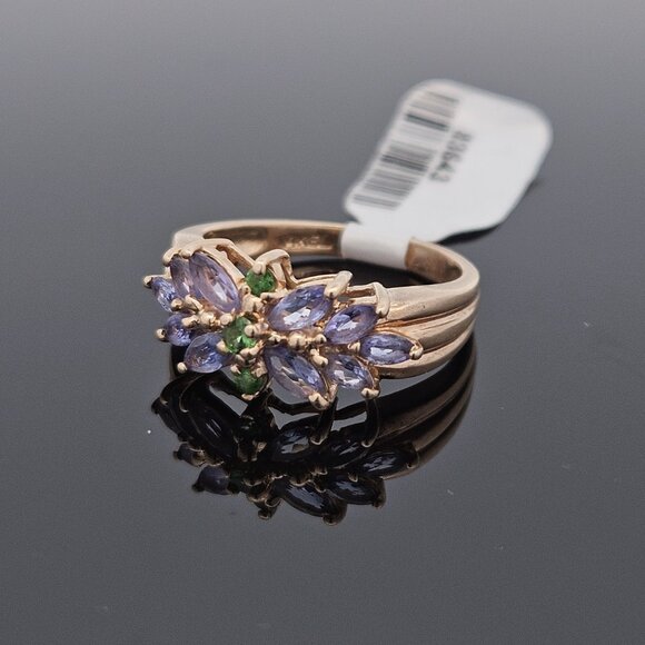 14K Yellow Gold Tanzanite & Emerald Flower Motif Cluster Gemstone Ring Size 8 - Picture 7 of 16